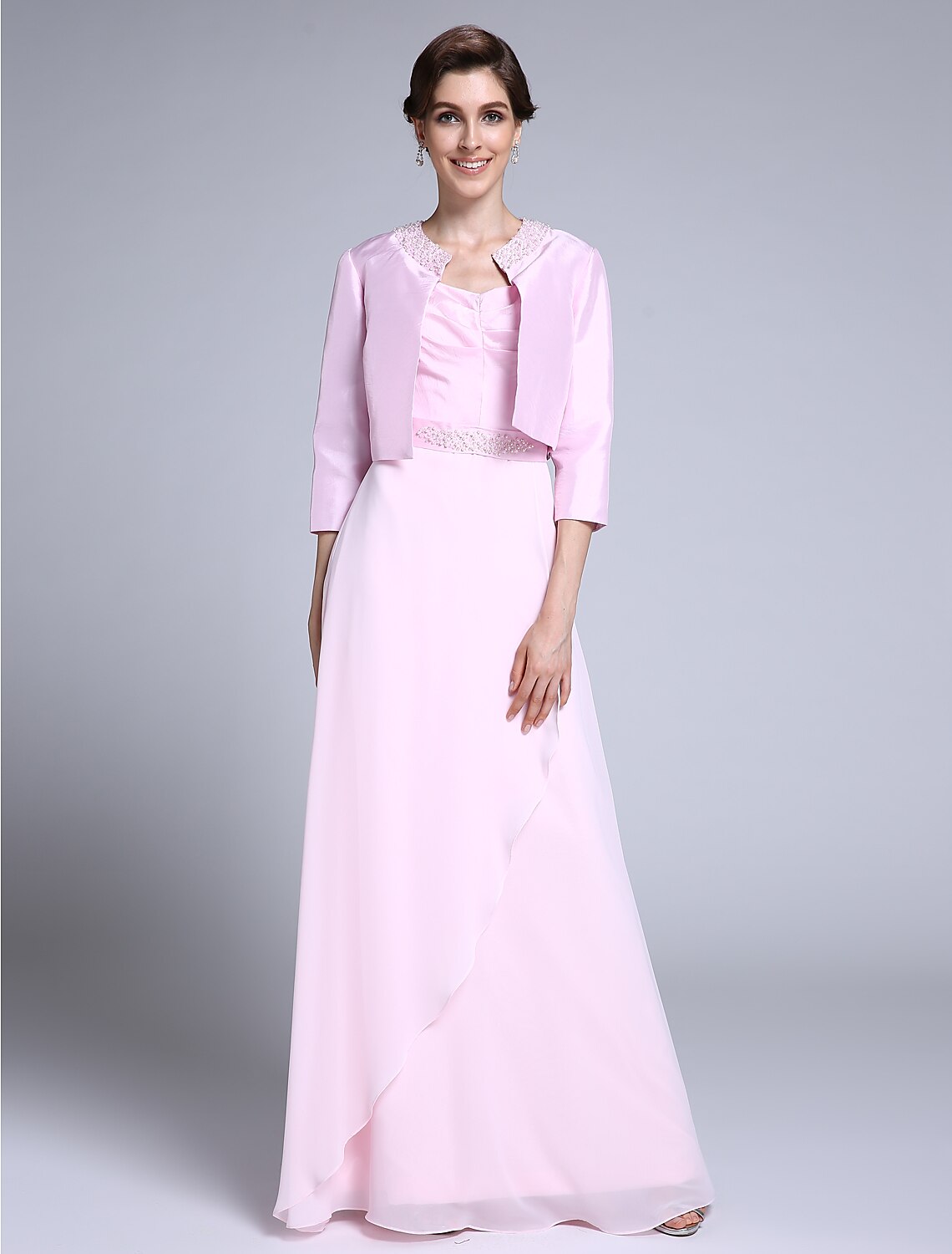 wholesale  Sheath / Column Mother of the Bride Dress Scoop Neck Floor Length Chiffon 3/4 Length Sleeve No with Beading