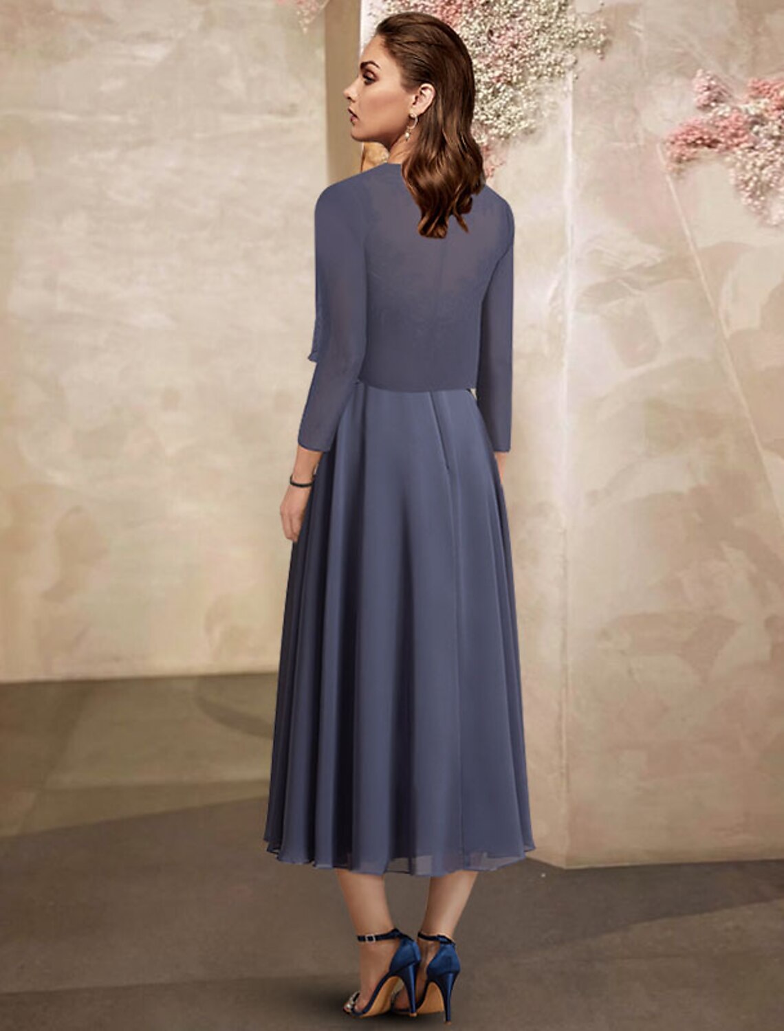 wholesale   Two Piece A-Line Mother of the Bride Dress Plus Size Elegant Jewel Neck Tea Length Chiffon Lace Half Sleeve Wrap Included with Ruched Sequin Ruffles