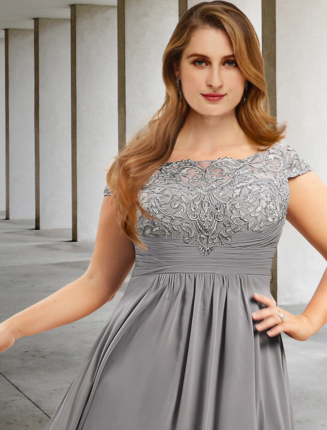 wholesale   A-Line Mother of the Bride Dresses Plus Size Hide Belly Curve Elegant Dress Formal Tea Length Short Sleeve Jewel Neck Chiffon with Pleats Ruched Appliques Fall