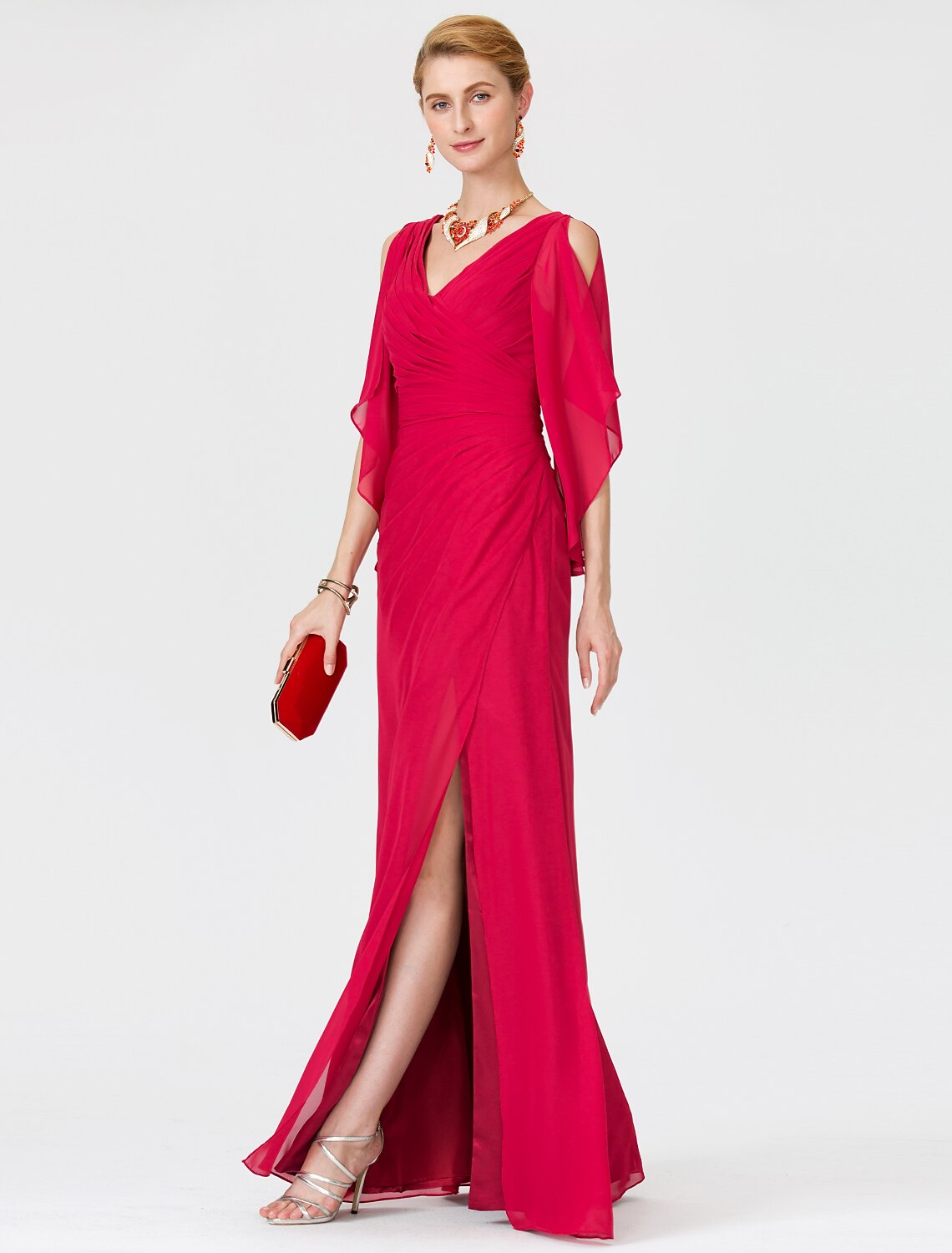 wholesale  Sheath / Column Mother of the Bride Dress Furcal V Neck Floor Length Chiffon Half Sleeve No with Criss Cross Split Front