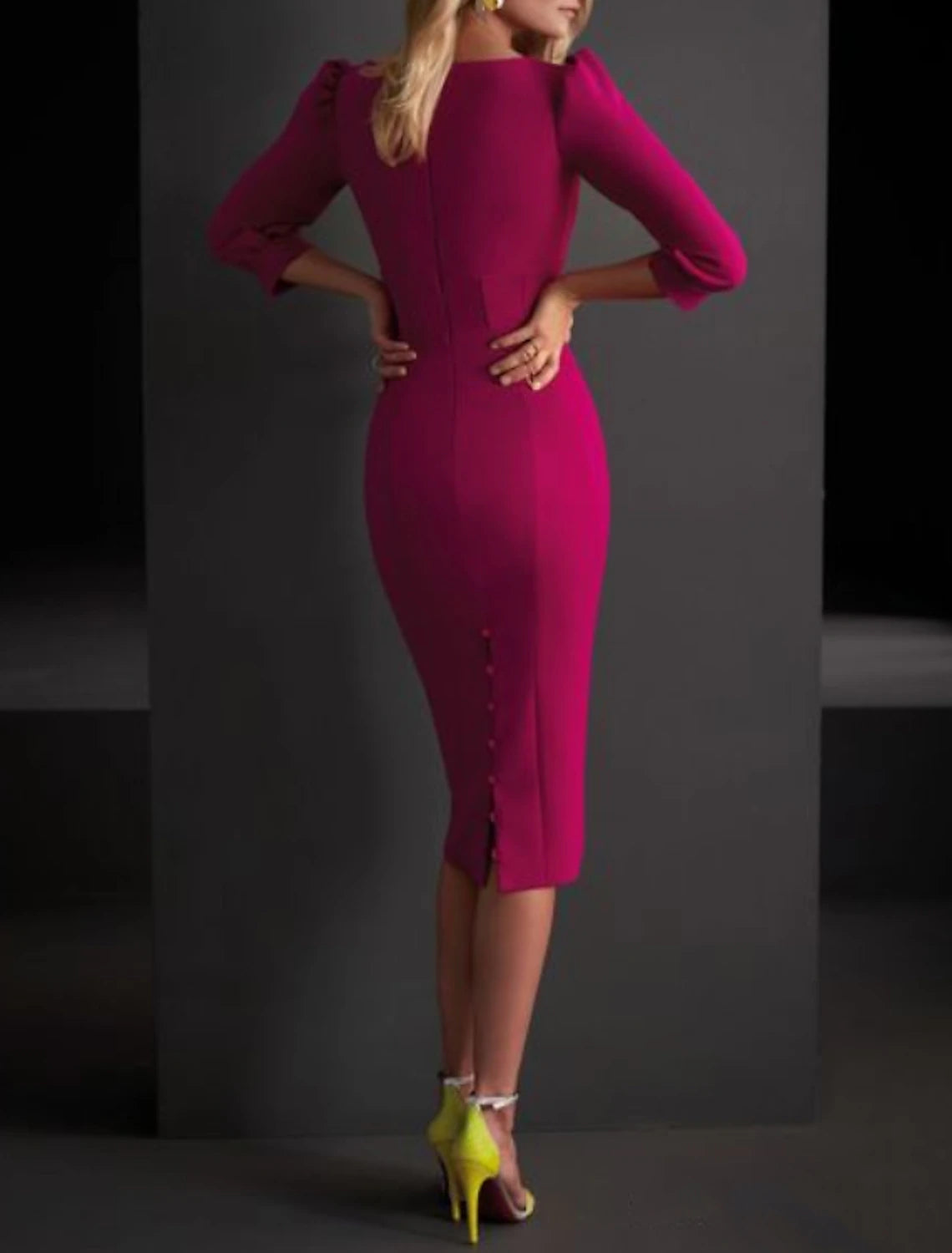 Wholesa Sheath / Column Mother of the Bride Dress Elegant V Neck Knee Length Satin 3/4 Length Sleeve with Buttons