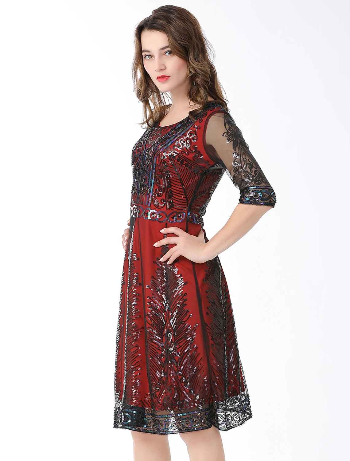 wholesa A-Line Elegant Vintage Holiday Party Wear Dress Jewel Neck Half Sleeve Knee Length Cotton Blend with Sequin Splicing
