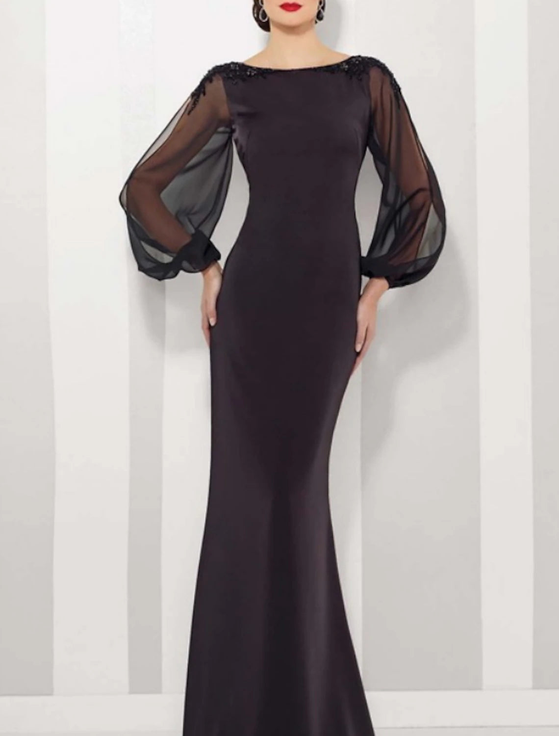 Wholesa Mermaid / Trumpet Mother of the Bride Dress Elegant Jewel Neck Floor Length Satin Tulle Long Sleeve with Appliques