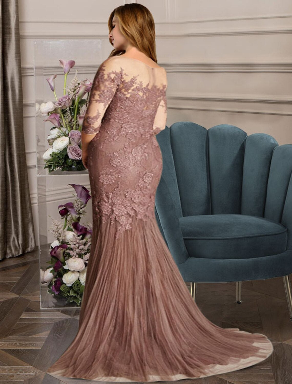 wholesale   Mermaid / Trumpet Mother of the Bride Dresses Plus Size Hide Belly Curve Elegant Dress Formal Sweep / Brush Train Sleeveless Jewel Neck Lace with Pleats Appliques