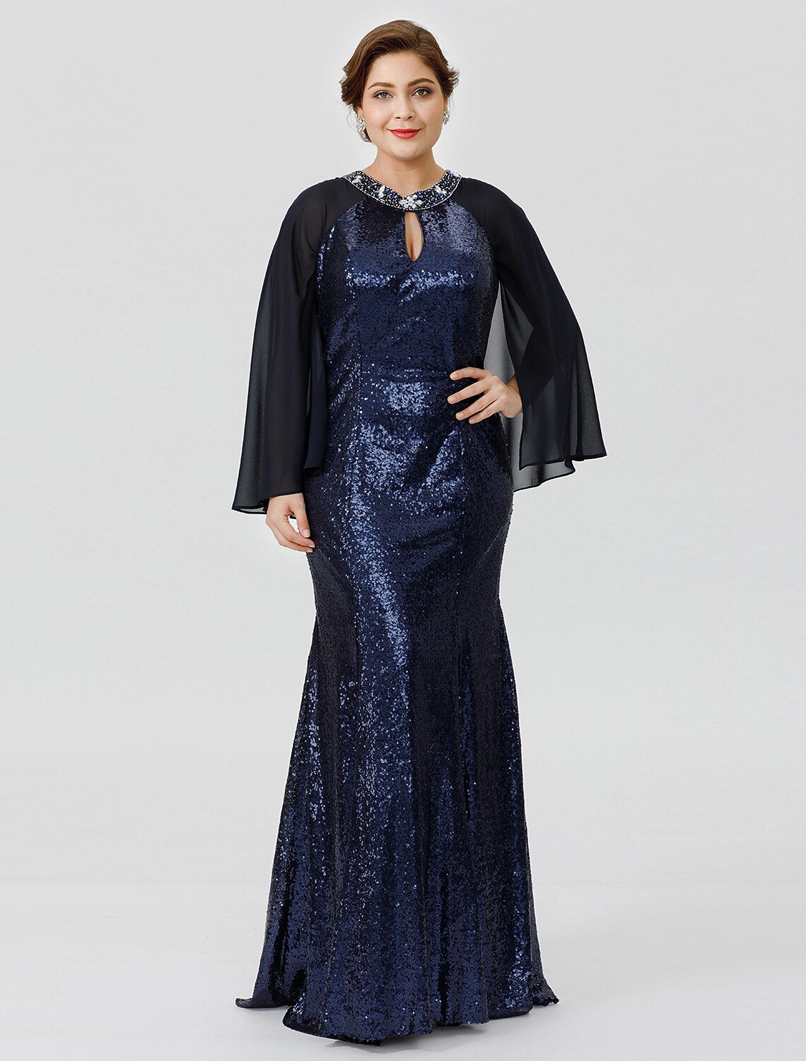 wholesale  Mermaid / Trumpet Mother of the Bride Dress Formal Chic & Modern Glamorous & Dramatic Plus Size Jewel Neck Floor Length Chiffon Sequined 3/4 Length Sleeve No with Crystals Beading