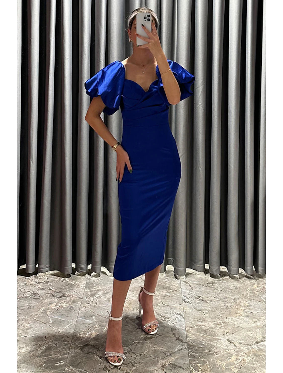wholesale  Sheath / Column Cocktail Dresses Party Dress Formal Fall Tea Length Short Sleeve Off Shoulder Satin with Ruched Slit