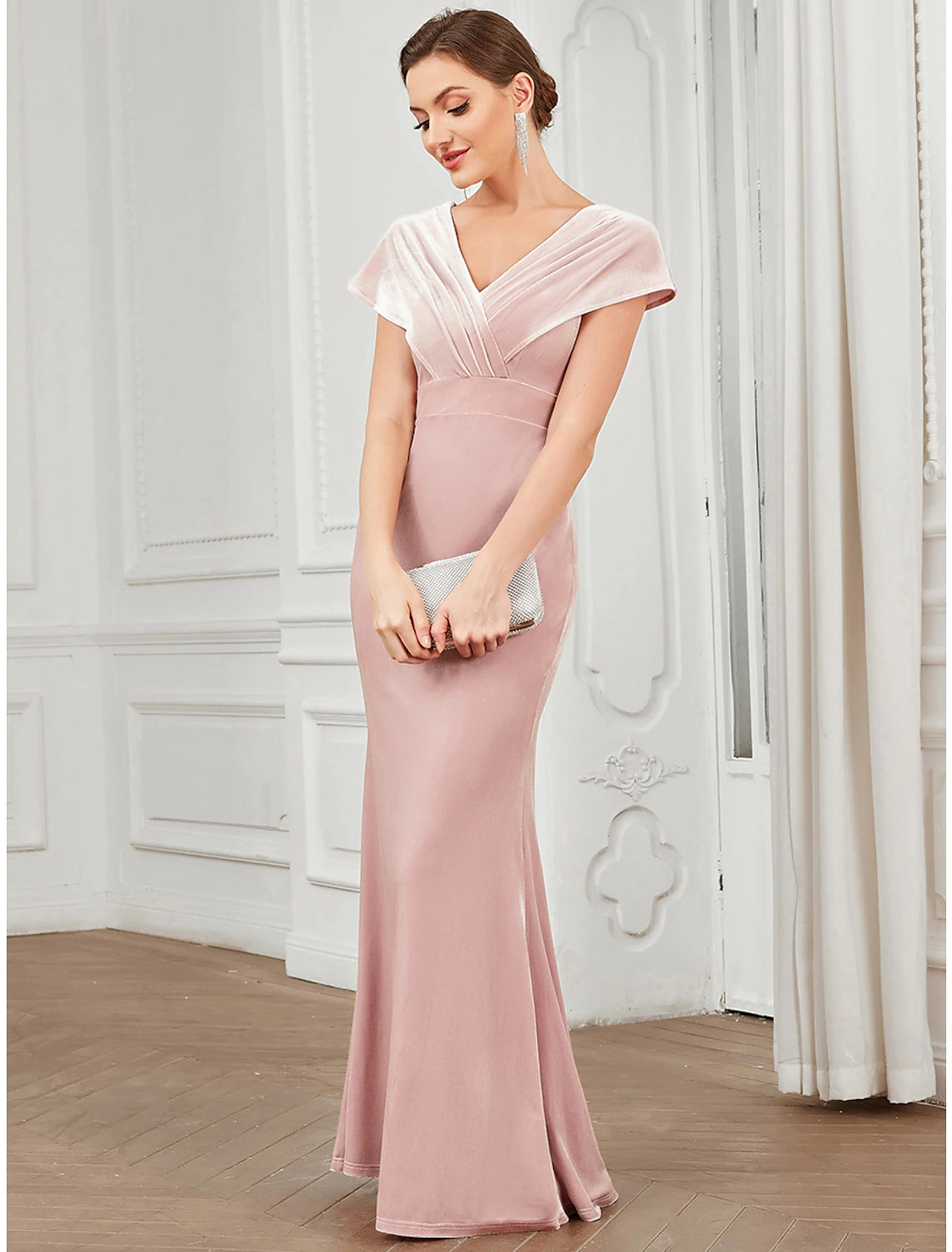wholesa Mermaid / Trumpet Evening Gown Vintage Dress Christmas Wedding Guest Floor Length Short Sleeve V Neck Velvet V Back with Ruffles