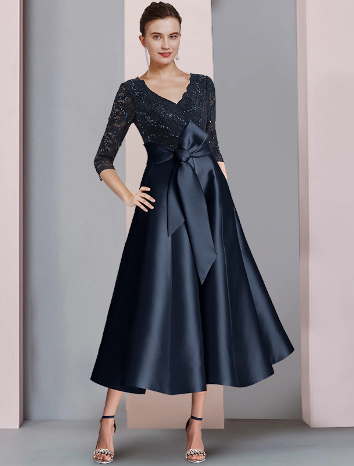 wholesale   A-Line Mother of the Bride Dress Wedding Guest Vintage Elegant V Neck Tea Length Satin Lace 3/4 Length Sleeve with Bow(s) Pleats Sequin
