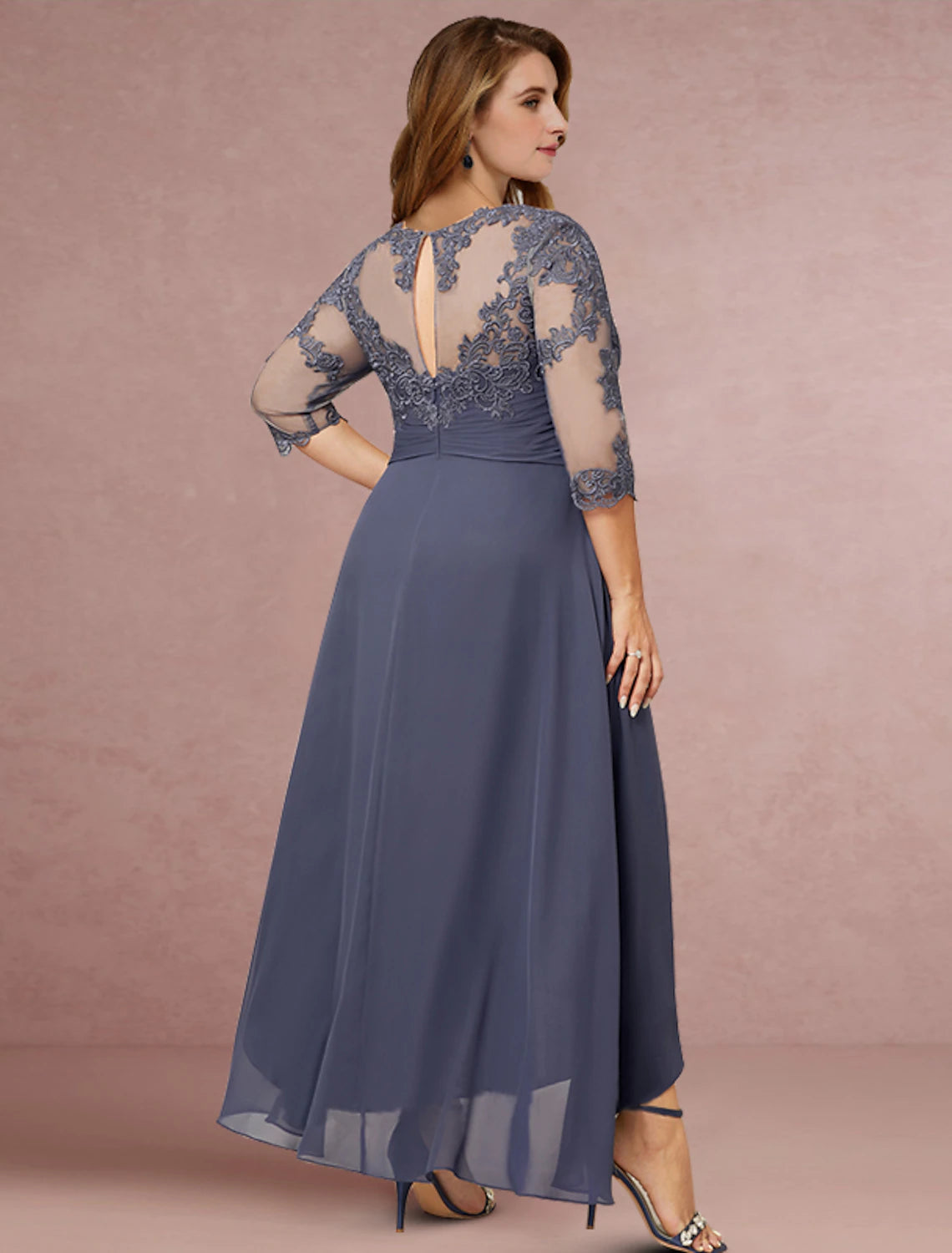 wholesale   Sheath / Column Mother of the Bride Dress Wedding Guest Elegant Jewel Neck Asymmetrical Chiffon Lace 3/4 Length Sleeve with Pleats Solid Color