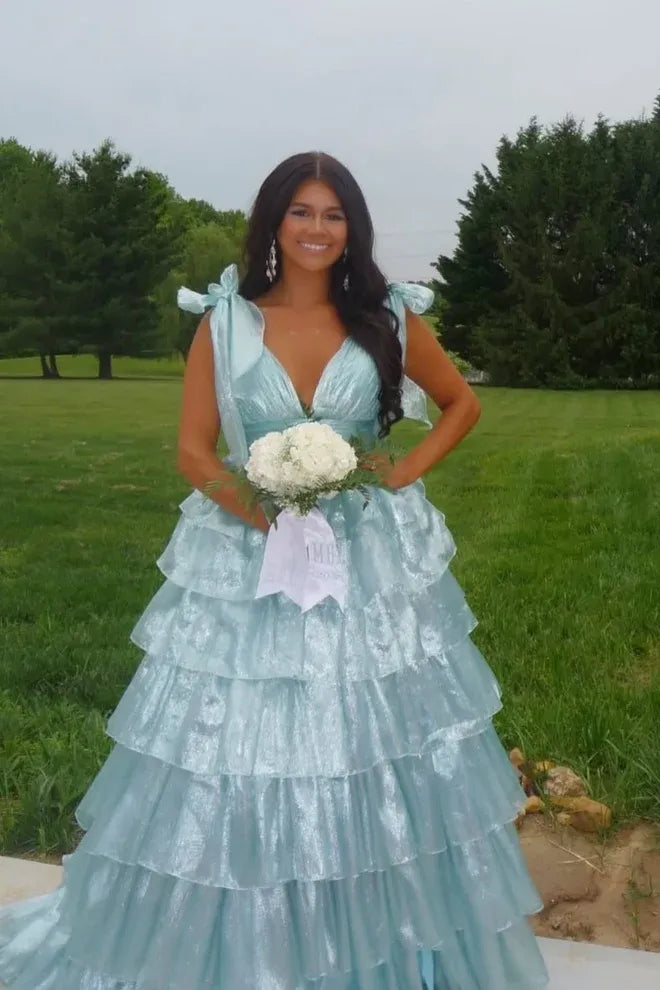 Whimsical Bow-Shoulder Tiered Shimmer Light Blue Prom Dress