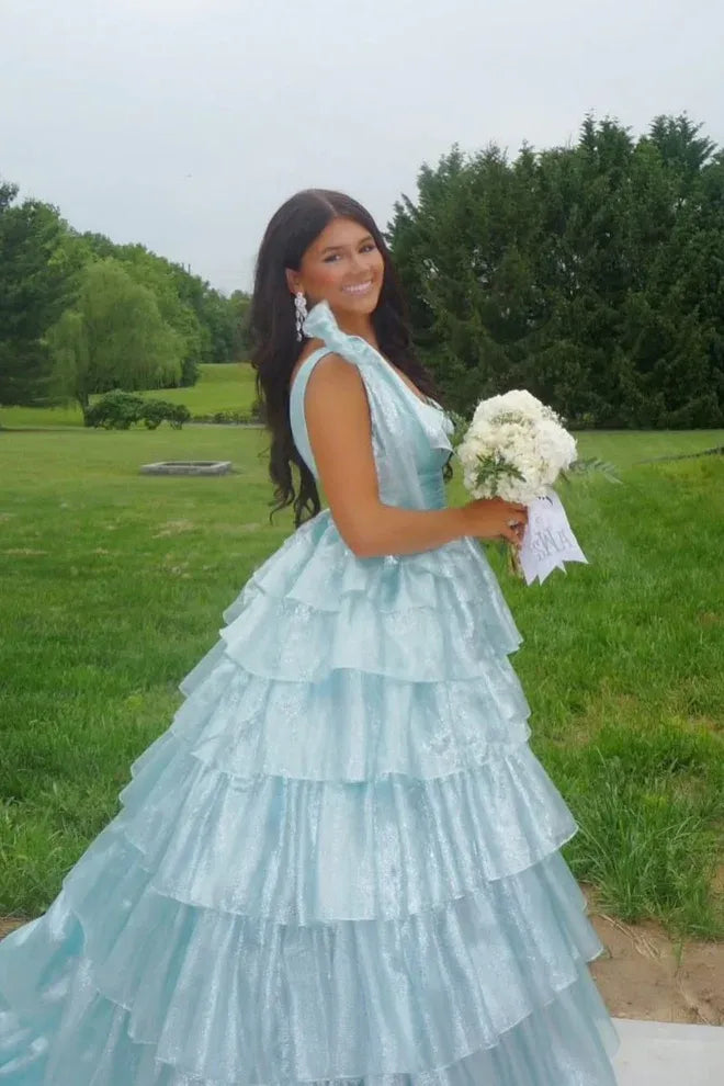 Whimsical Bow-Shoulder Tiered Shimmer Light Blue Prom Dress