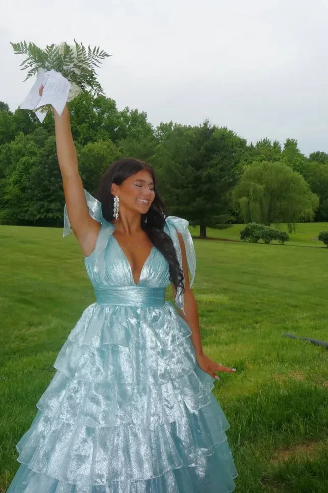 Whimsical Bow-Shoulder Tiered Shimmer Light Blue Prom Dress