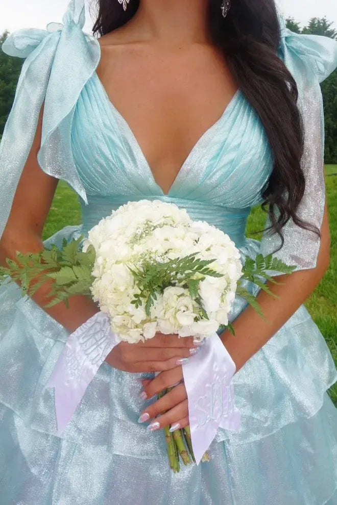 Whimsical Bow-Shoulder Tiered Shimmer Light Blue Prom Dress