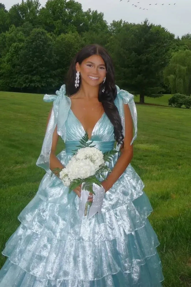 Whimsical Bow-Shoulder Tiered Shimmer Light Blue Prom Dress