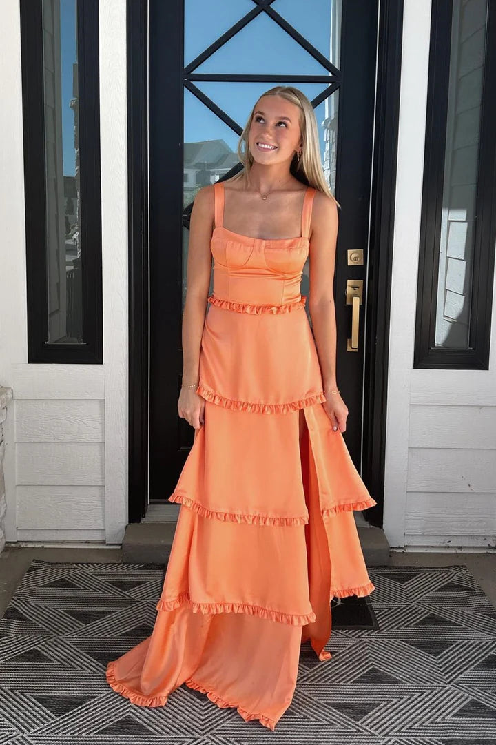 Whimsical Corset-Back Tiered Orange Prom Dress