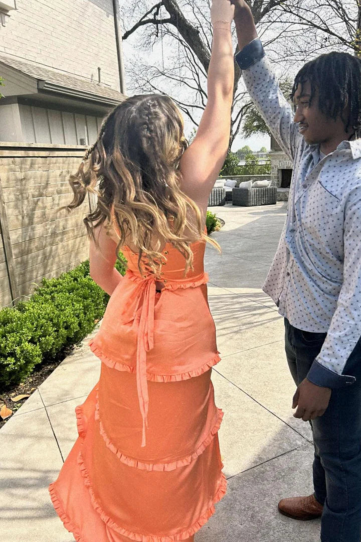 Whimsical Corset-Back Tiered Orange Prom Dress