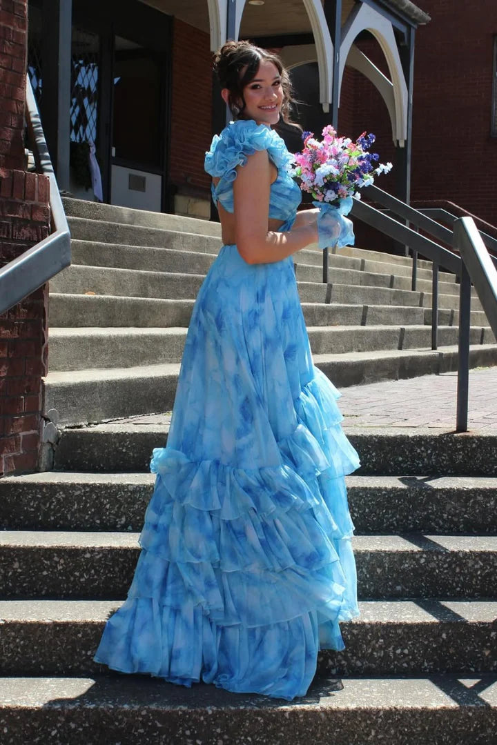 Whimsical Ruffled-Shoulder Cut-Out Tiered Chiffon Prom Dress