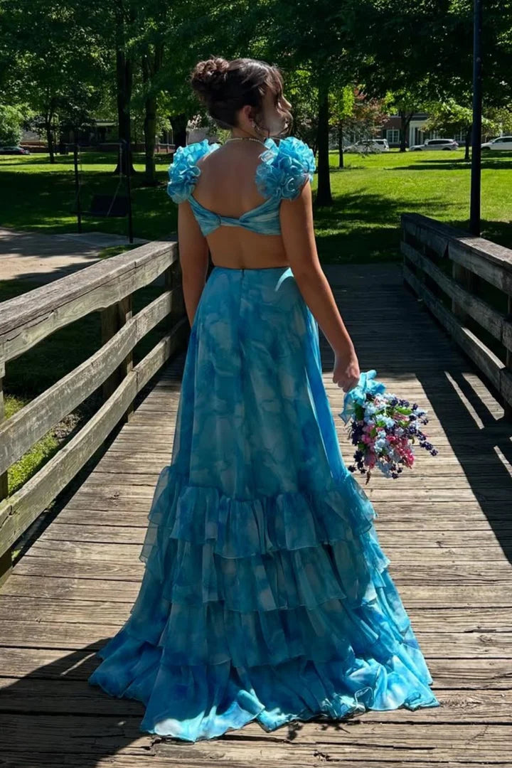 Whimsical Ruffled-Shoulder Cut-Out Tiered Chiffon Prom Dress