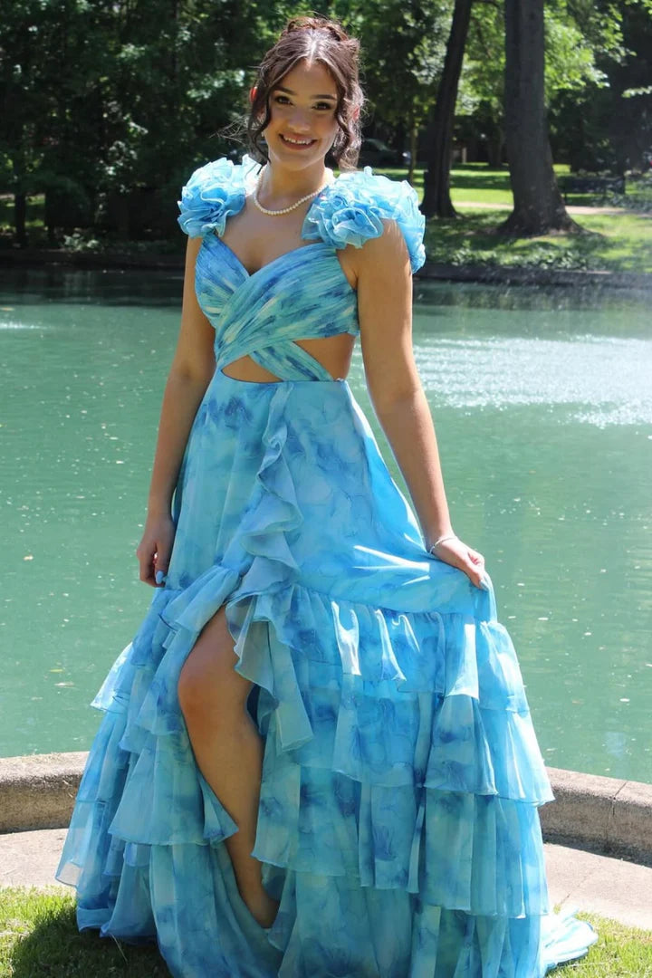 Whimsical Ruffled-Shoulder Cut-Out Tiered Chiffon Prom Dress