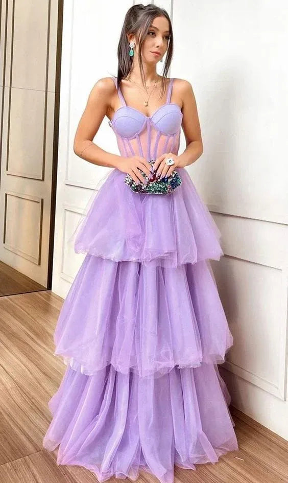 Whimsical Spaghetti‑Strap Lavender Tiered Tulle A‑Line Prom Dress