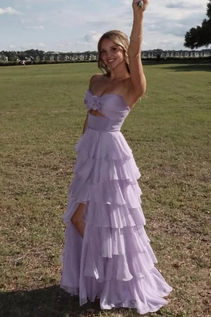 Whimsical Strapless Cut-Out Tiered Chiffon Prom Dress