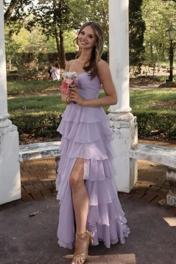 Whimsical Strapless Cut-Out Tiered Chiffon Prom Dress