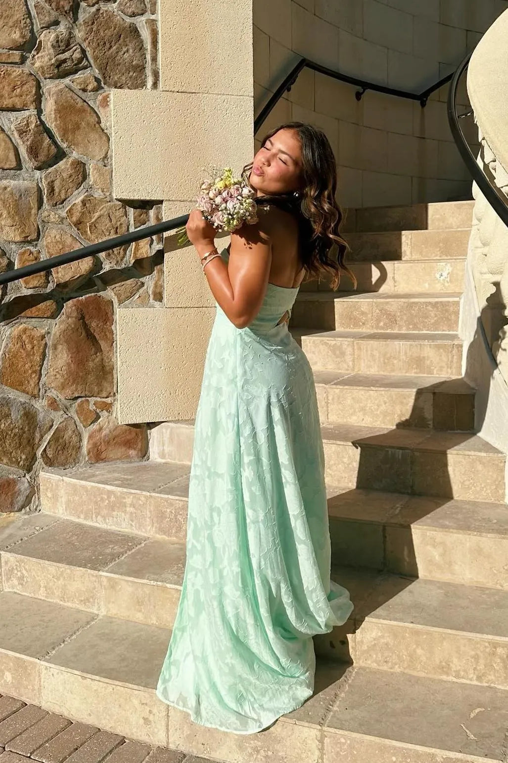 Whimsical Strapless Jacquard Mint Green A-Line Prom Dress