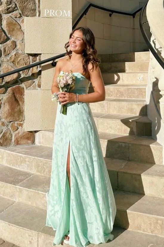Whimsical Strapless Jacquard Mint Green A-Line Prom Dress