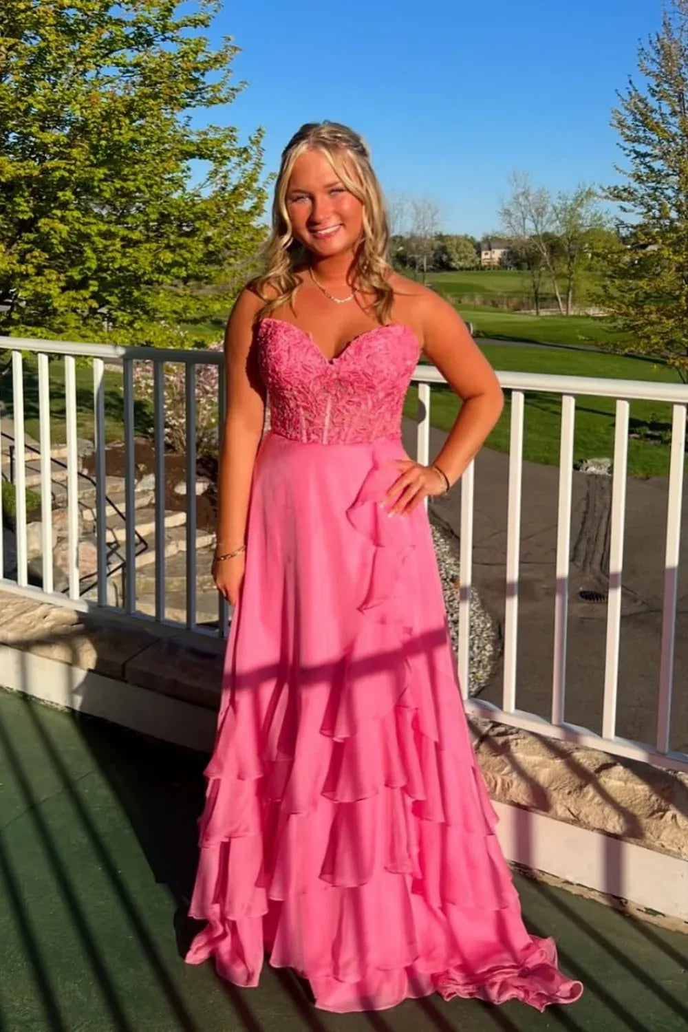 Whimsical Strapless Lace-Up Tiered Chiffon Hot Pink Prom Dress