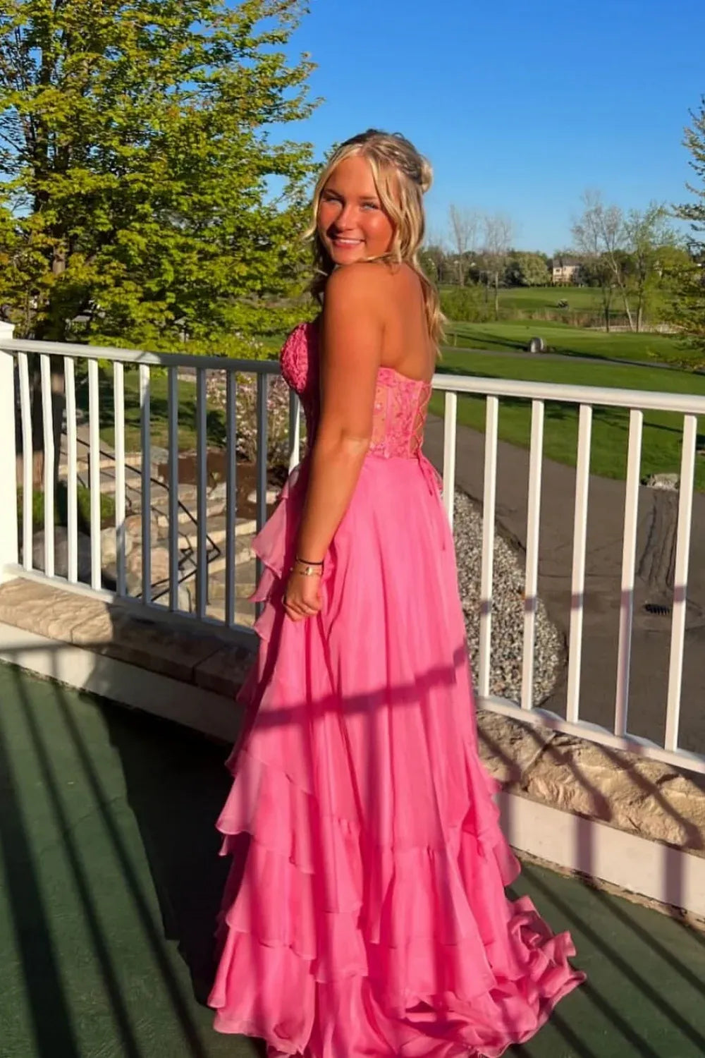Whimsical Strapless Lace-Up Tiered Chiffon Hot Pink Prom Dress