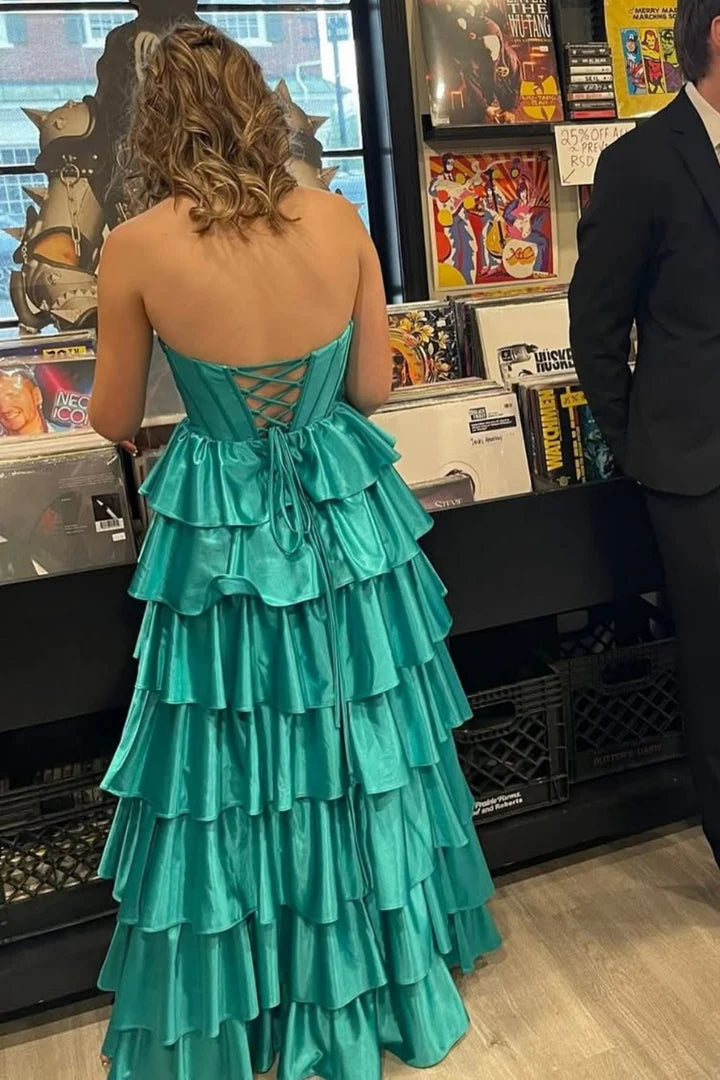 Whimsical Strapless Lace-Up Tiered Teal Satin Prom Dress