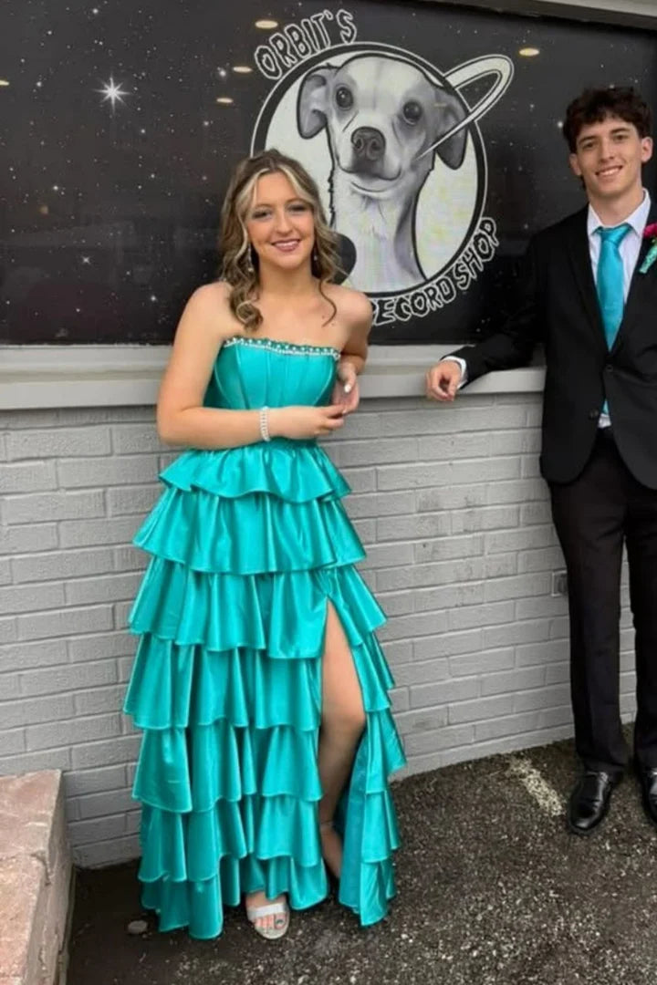 Whimsical Strapless Lace-Up Tiered Teal Satin Prom Dress