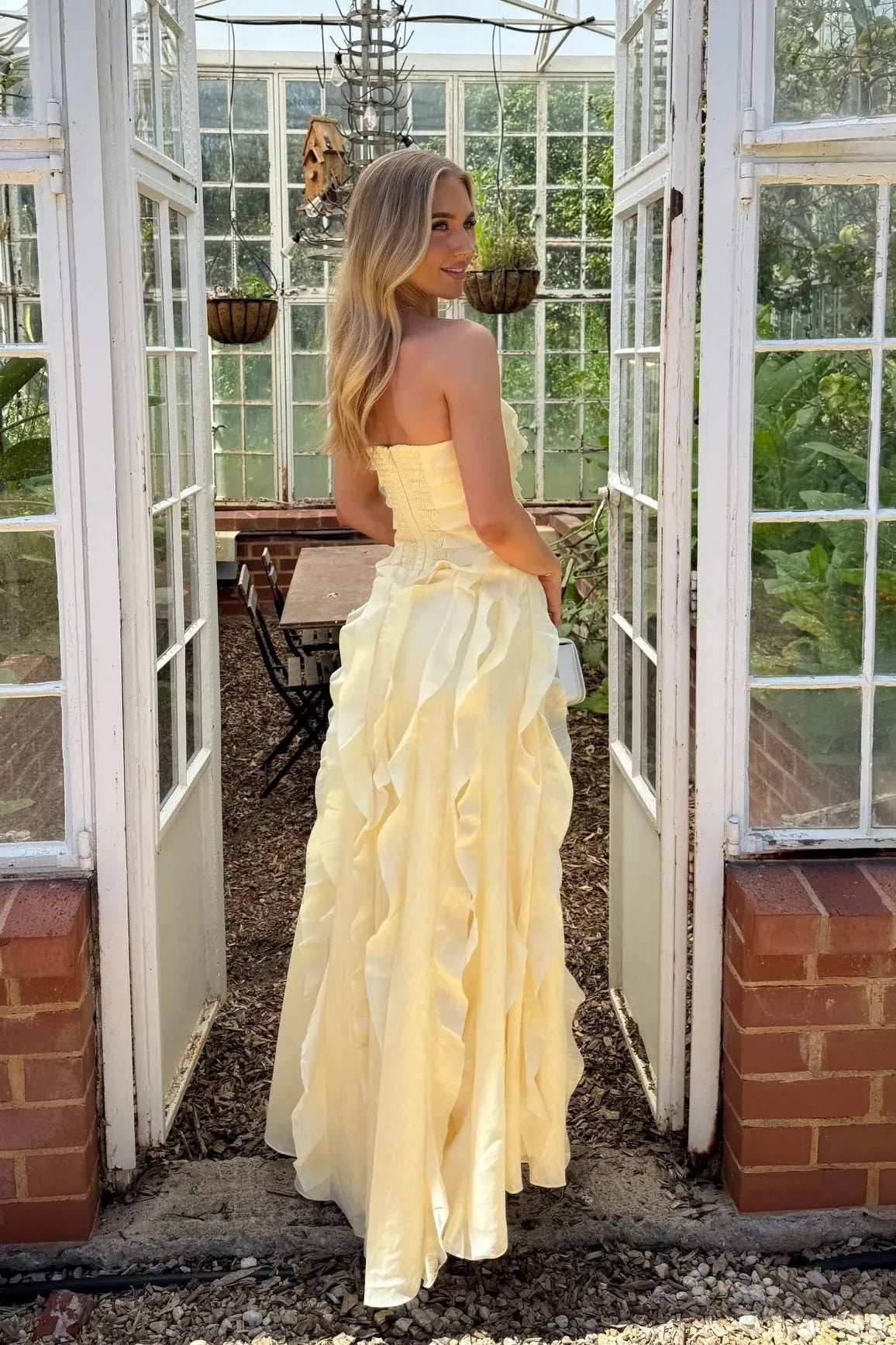 Whimsical Strapless Ruffled High-Slit Chiffon Prom Dress