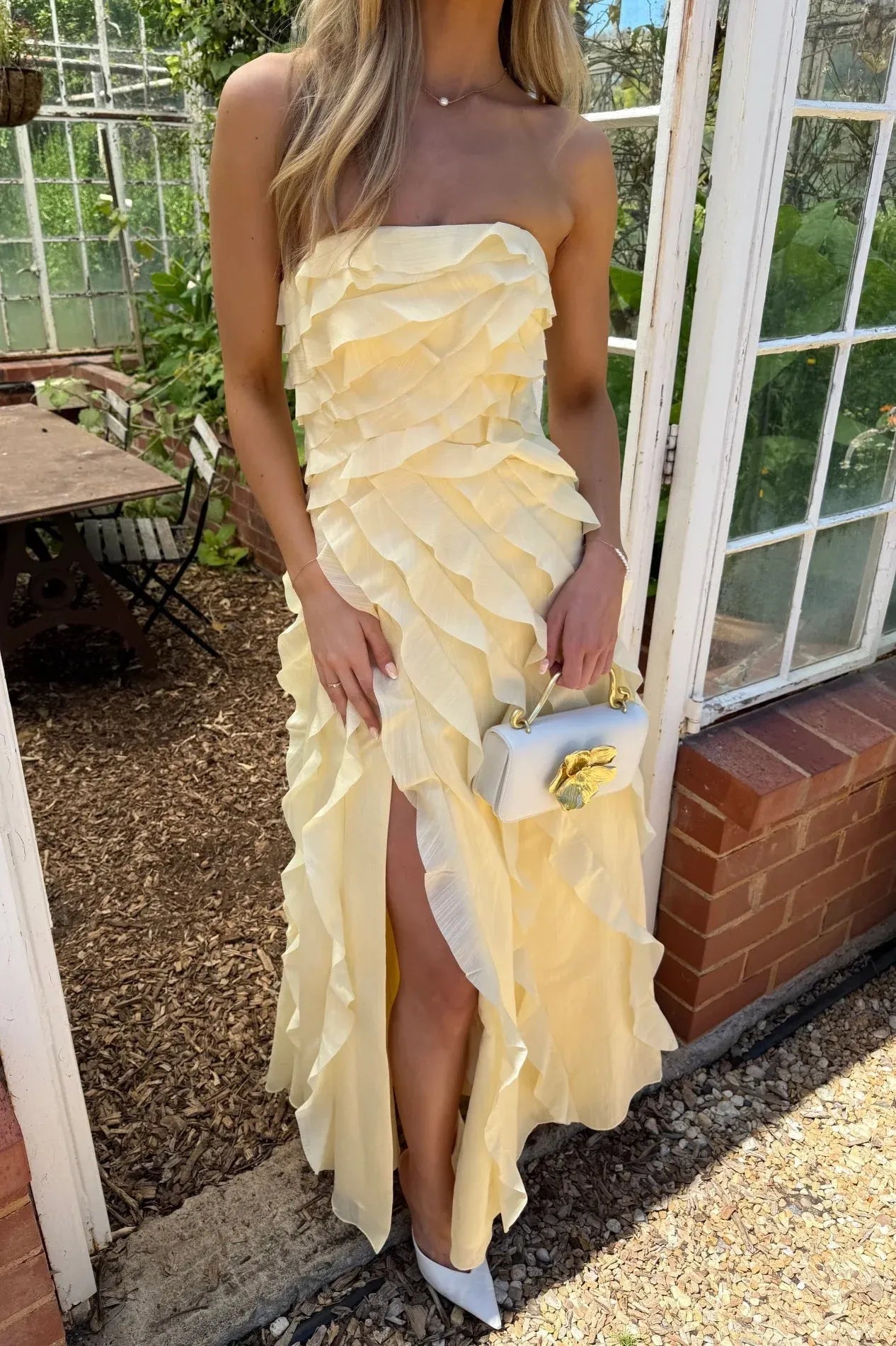 Whimsical Strapless Ruffled High-Slit Chiffon Prom Dress