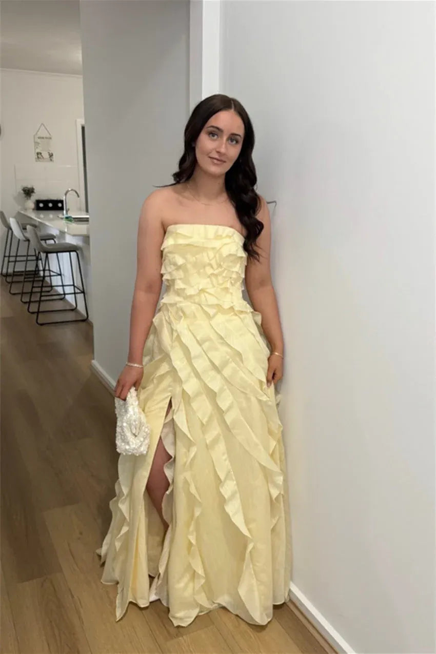 Whimsical Strapless Ruffled High-Slit Chiffon Prom Dress