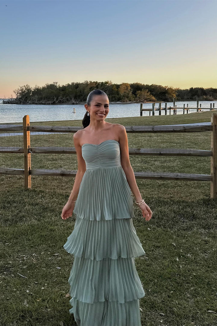 Whimsical Strapless Tiered Pleated Sage Green Prom Dress