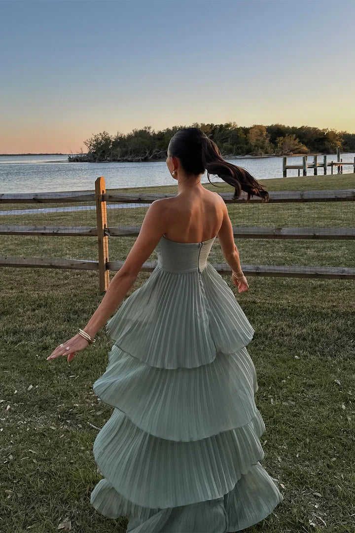 Whimsical Strapless Tiered Pleated Sage Green Prom Dress
