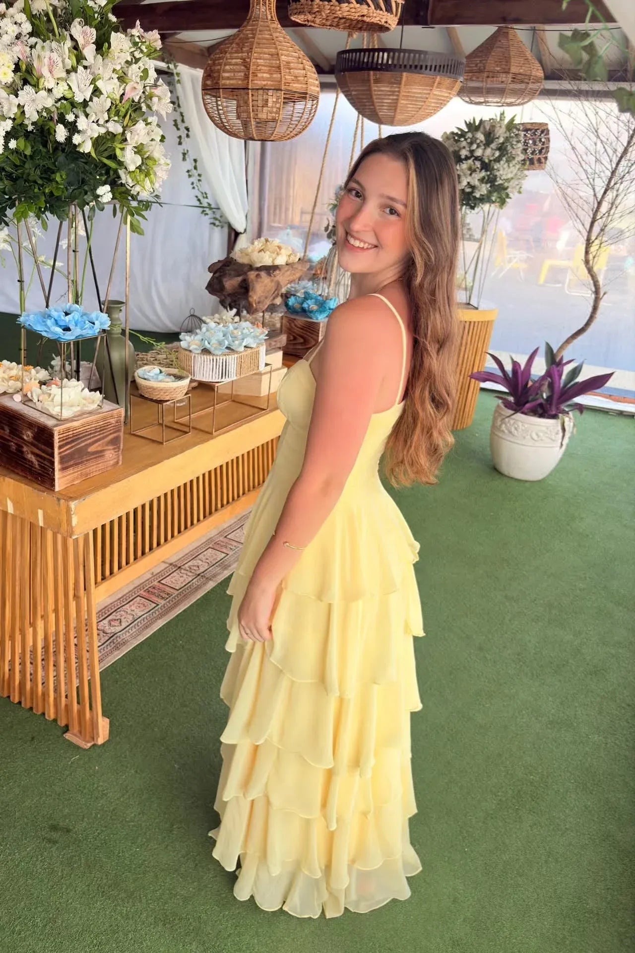 Whimsical Sweetheart Spaghetti Strap Tiered Chiffon Prom Dress
