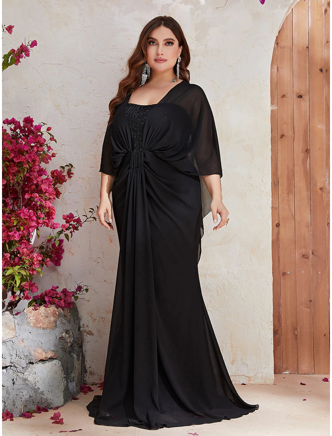 Wholesa Mermaid / Trumpet Wedding Guest Dresses Plus Size Dress Formal Evening Party Sweep / Brush Train Long Sleeve V Neck Polyester with Sequin Shawl