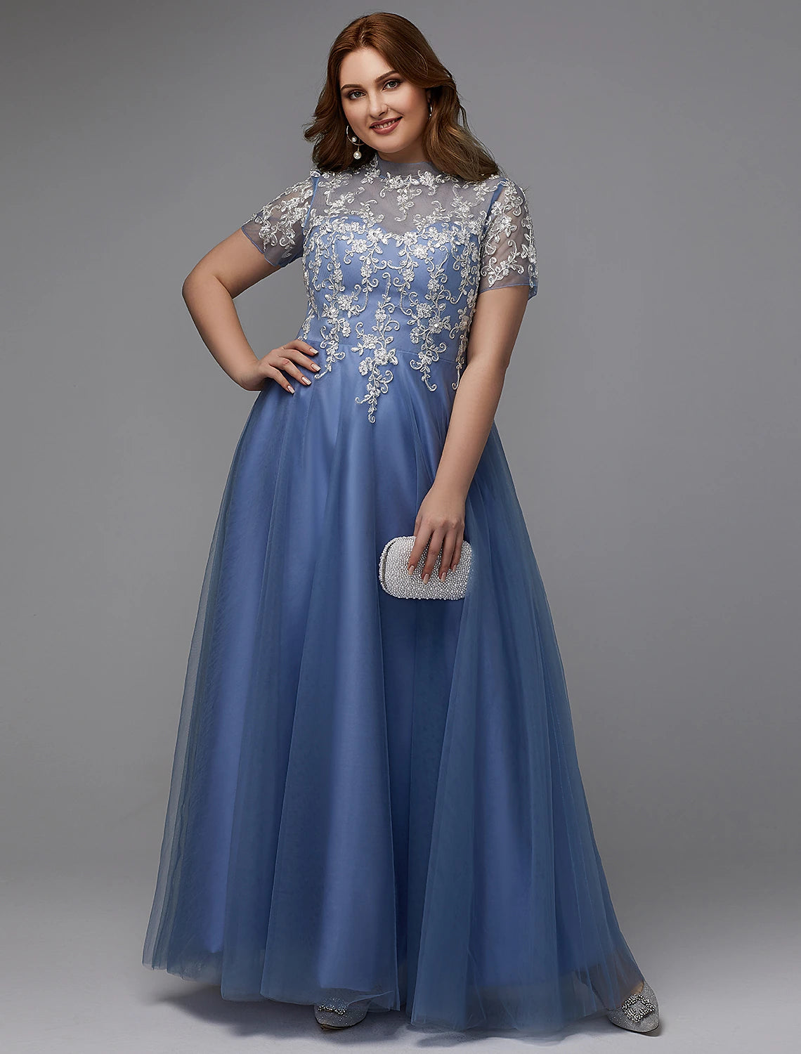 wholesaA-Line Plus Size Dress Wedding Guest Prom Floor Length Short Sleeve High Neck Lace Lace-up with Appliques