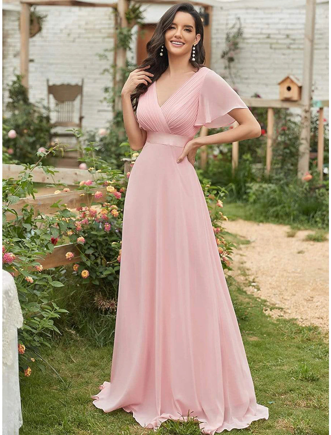 wholesale  A-Line Evening Gown Party Dress Empire Dress Wedding Guest Formal Evening Floor Length Short Sleeve V Neck Bridesmaid Dress Chiffon V Back with Ruffles Pure Color