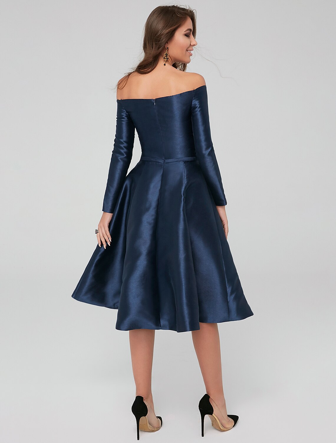 wholesale  A-Line Special Occasion Dresses Party Dress Wedding Guest Cocktail Party Knee Length Long Sleeve Off Shoulder Satin with Pleats