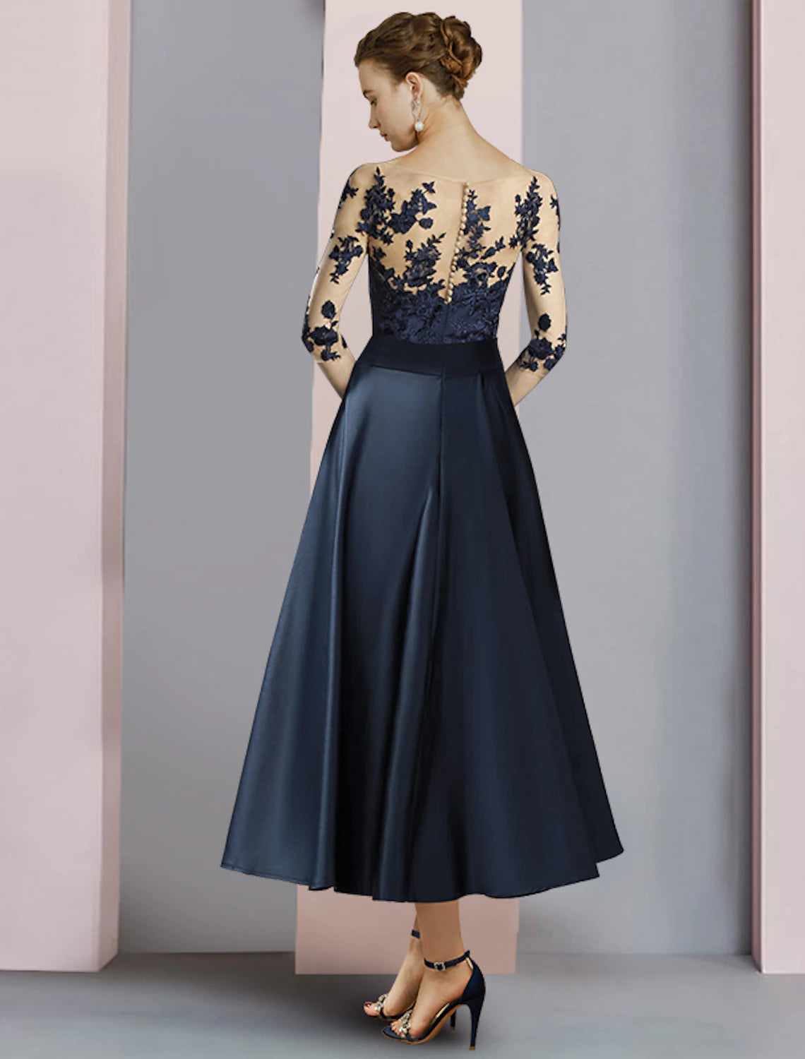 wholesale  Sheath / Column Mother of the Bride Dress Fall Wedding Guest Party Elegant Scoop Neck Ankle Length Satin Lace Half Sleeve with Bow(s) Pleats