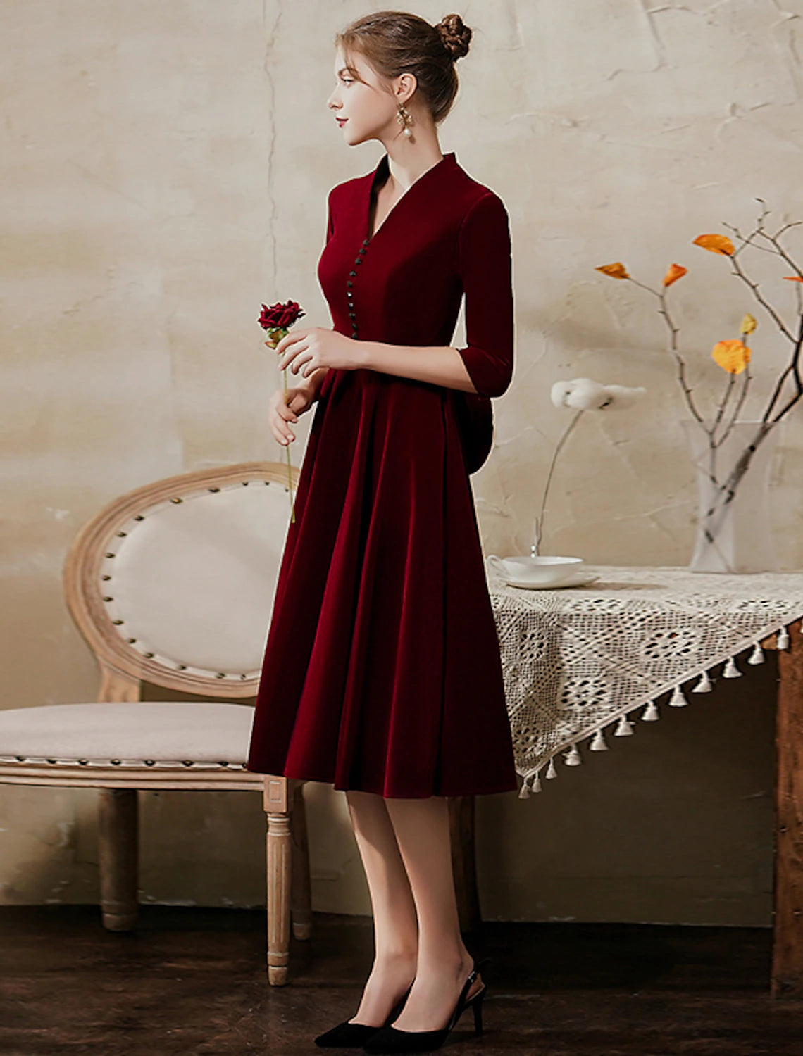 wholesale  A-Line Minimalist Vintage Party Wear Cocktail Party Dress V Neck Half Sleeve Tea Length Velvet with Sleek