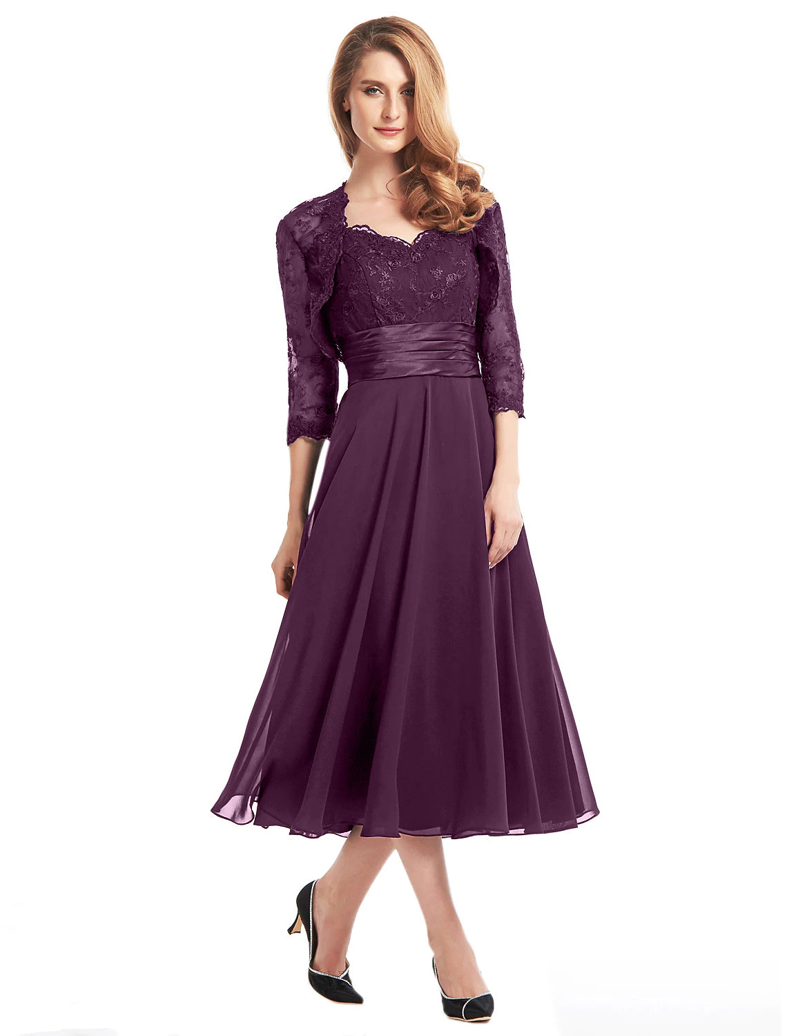 wholesale  A-Line Mother of the Bride Dress Convertible Dress V Neck Tea Length Chiffon Corded Lace Sleeveless with Lace Pleats Appliques