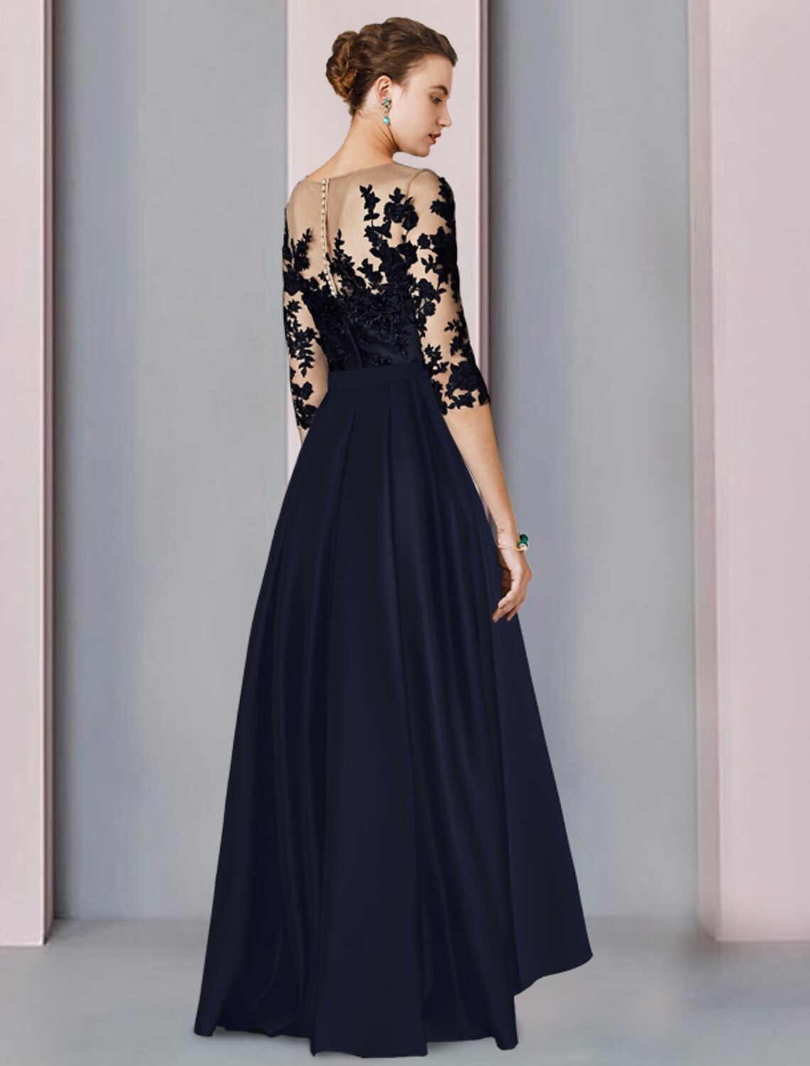 wholesale   A-Line Mother of the Bride Dress Wedding Guest Elegant High Low Scoop Neck Asymmetrical Tea Length Satin Lace 3/4 Length Sleeve with Pleats Appliques