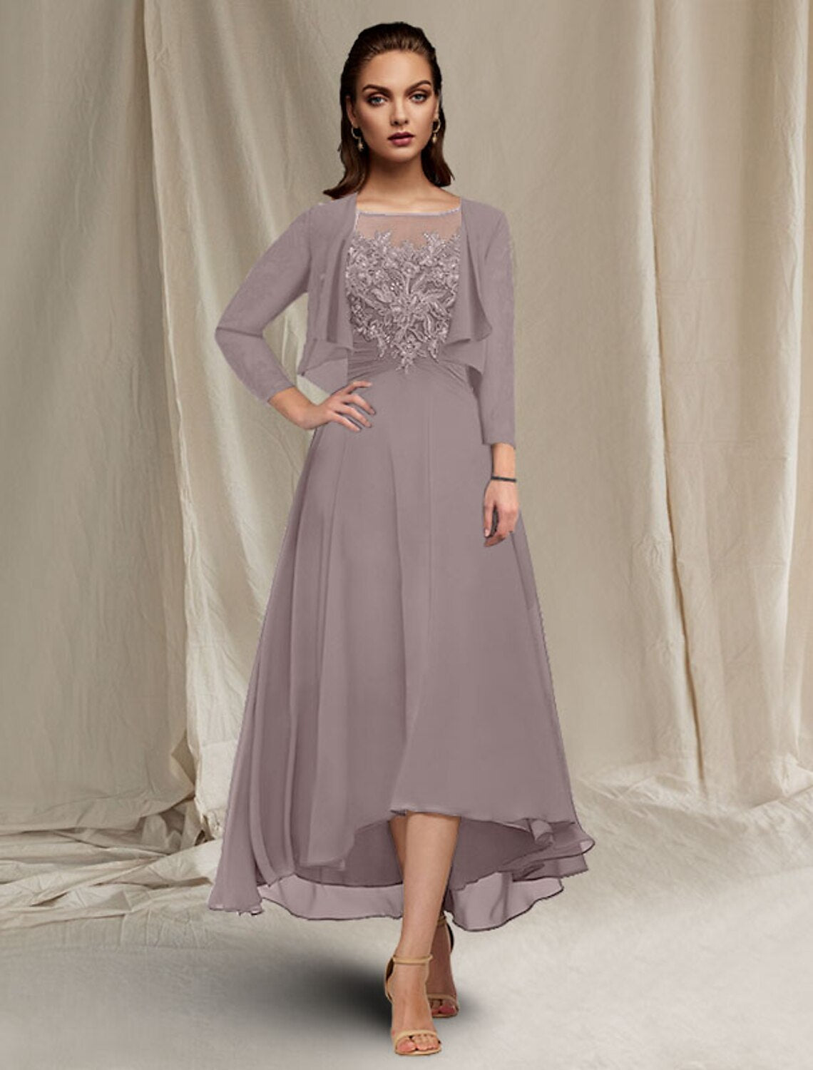 wholesale  A-Line Mother of the Bride Dress Elegant High Low Jewel Neck Asymmetrical Tea Length Chiffon Lace Short Sleeve Wrap Included with Ruched Sequin Appliques
