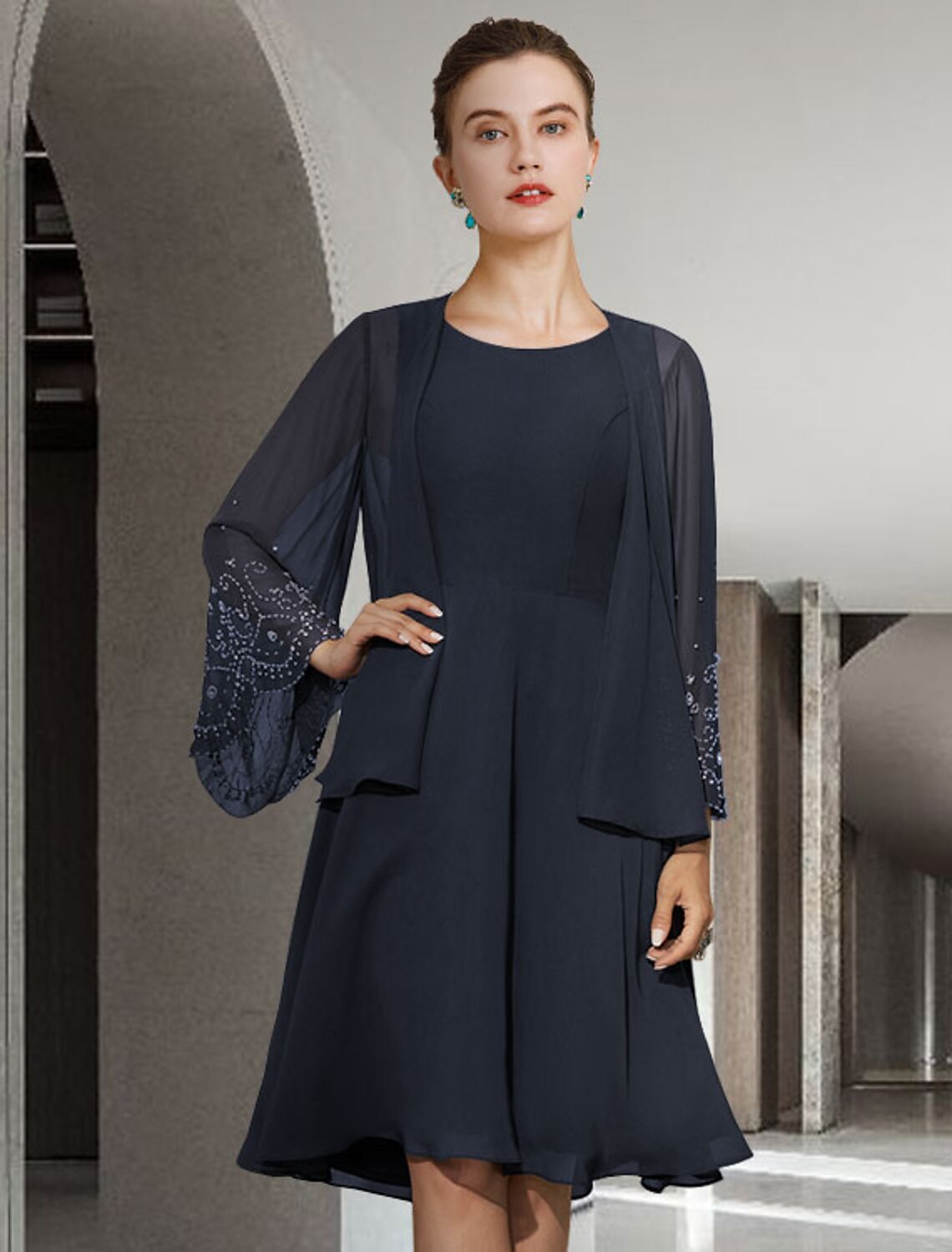 wholesale  Two Piece A-Line Mother of the Bride Dress Elegant Jewel Neck Knee Length Chiffon Sleeveless with Pleats Beading