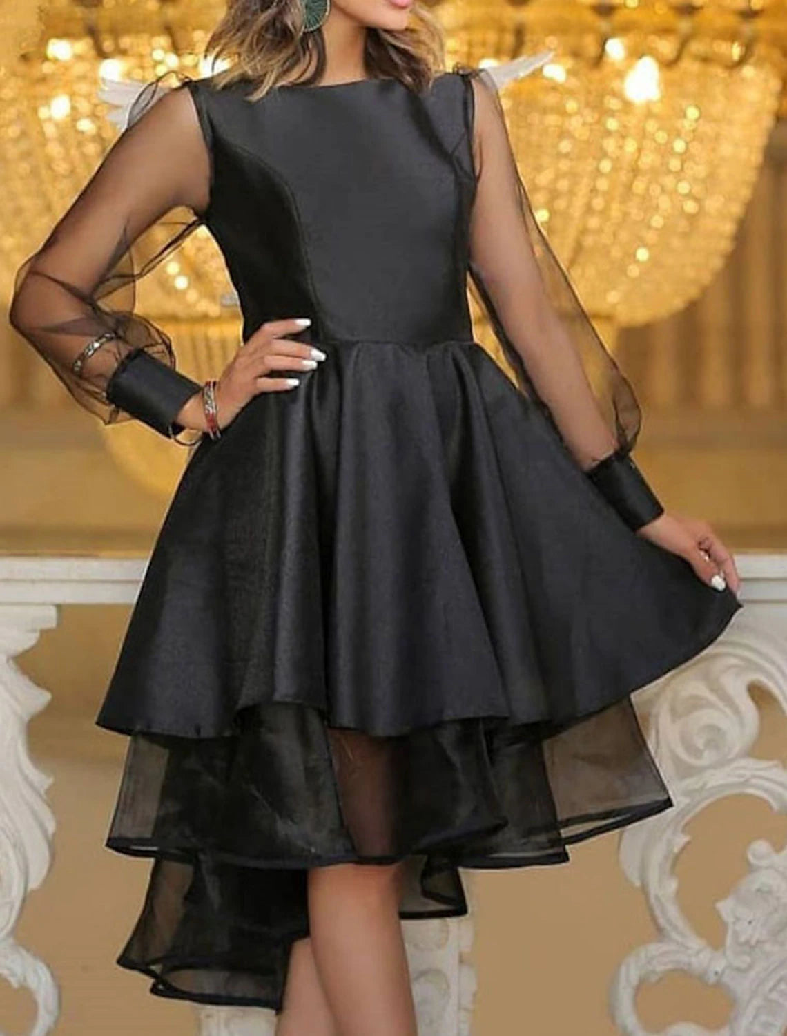 Wholesa  Ball Gown Prom Dresses Party Dress Prom Black Tie Gala Tea Length Long Sleeve Off Shoulder Belt / Sash Satin Backless with Ruched