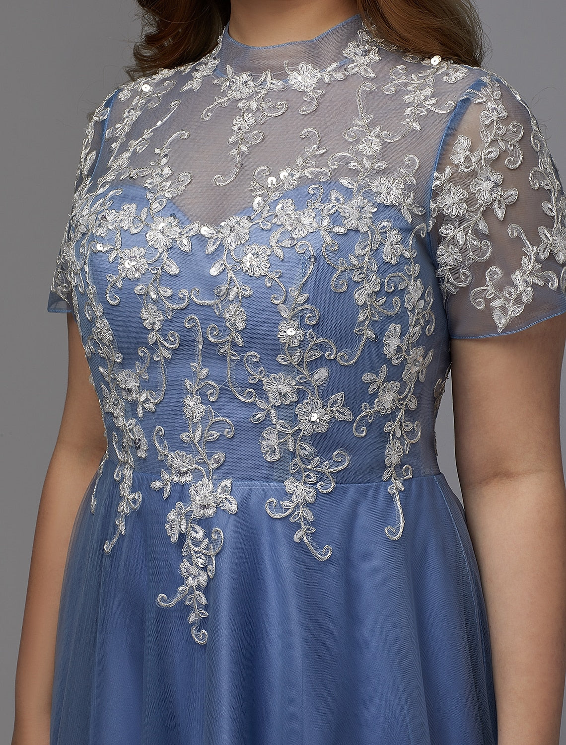 wholesaA-Line Plus Size Dress Wedding Guest Prom Floor Length Short Sleeve High Neck Lace Lace-up with Appliques